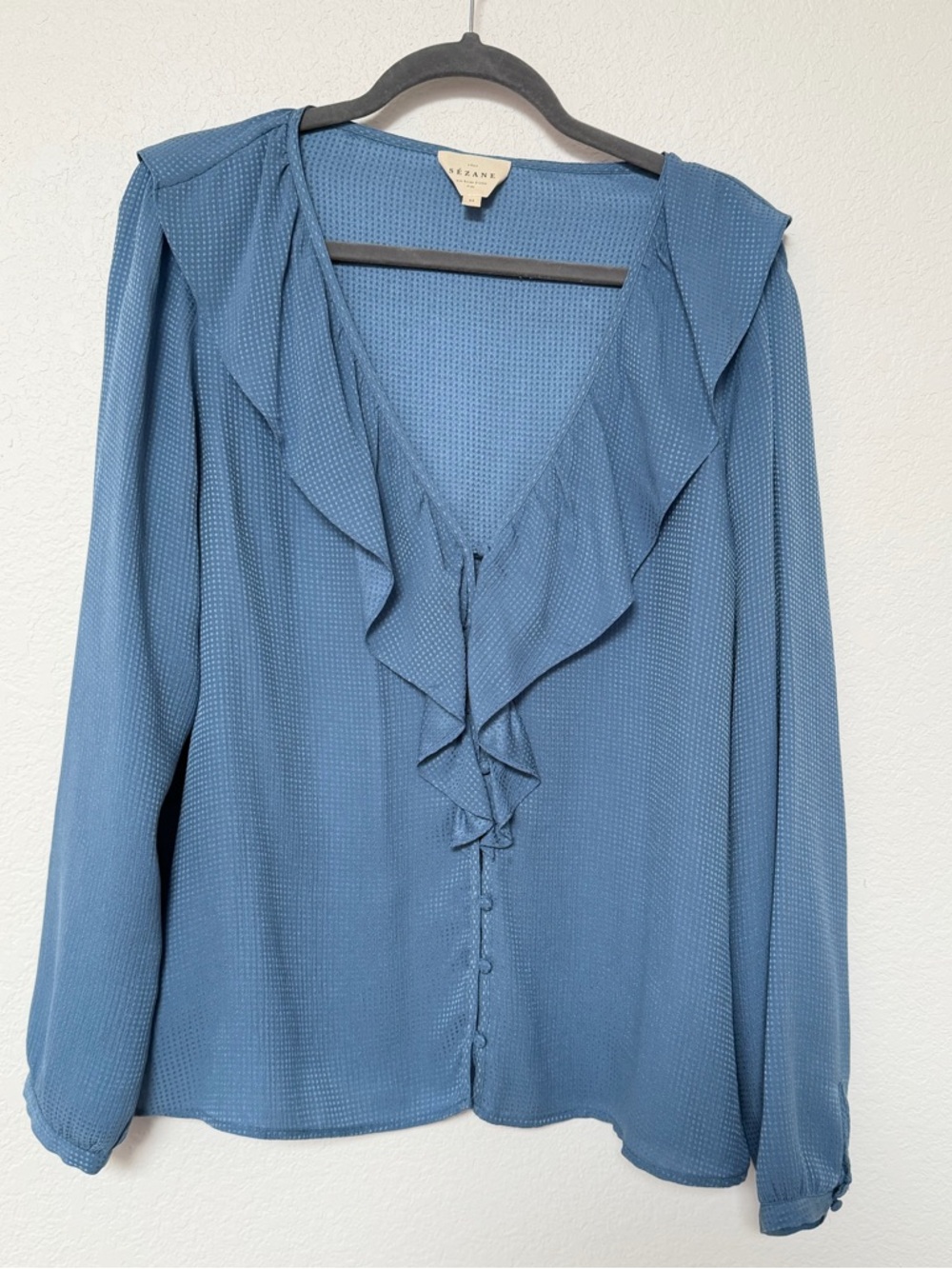 Sézane Priscille Silk Ruffle Blouse Blue | Size 44